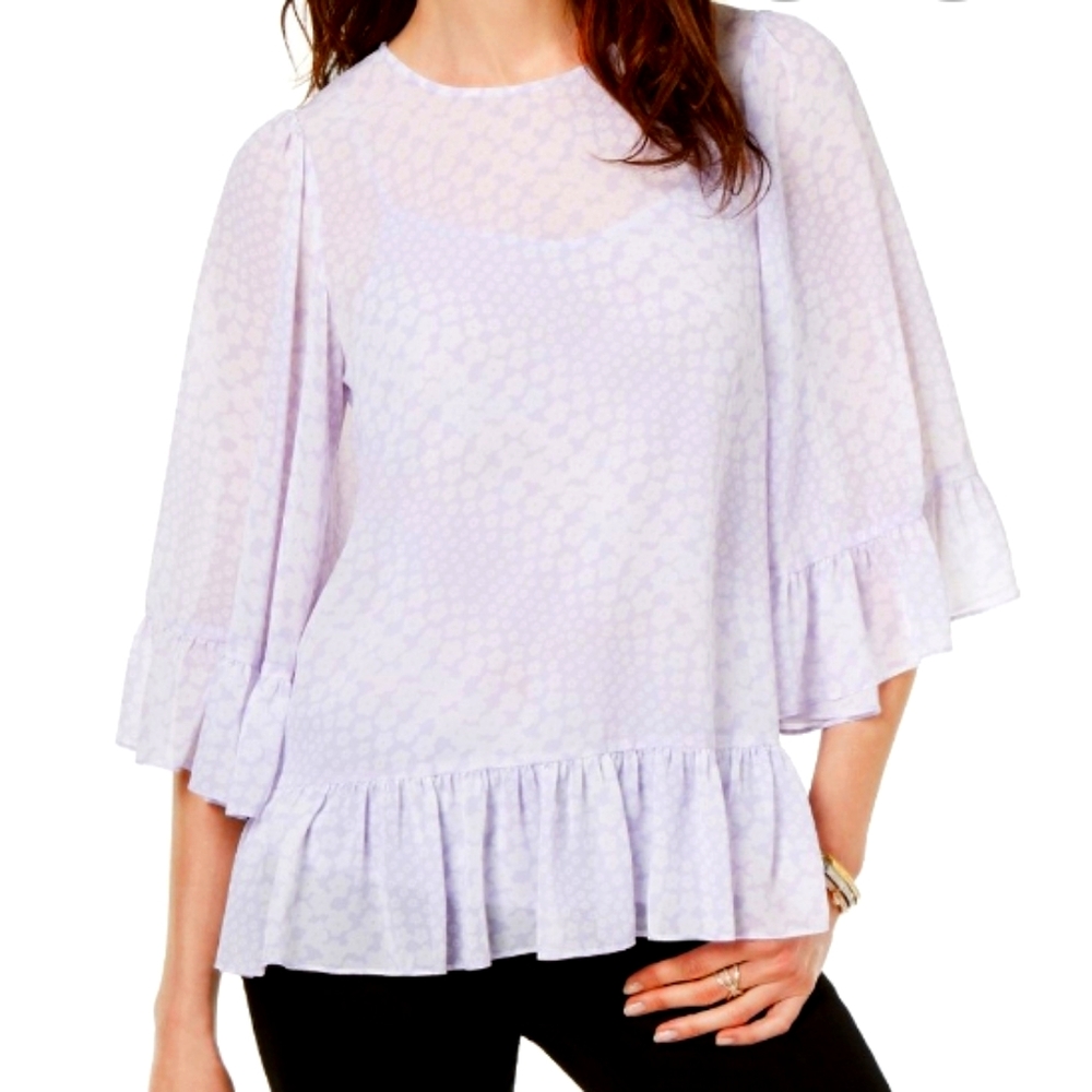 NWT Michael Kors Lavender Floral Print Ruffled Bell Sleeve Blouse